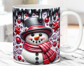 May include: White ceramic mug with a snowman design. The snowman is wearing a black top hat, a red scarf, and has black eyes and a carrot nose. The background is a red, white, and black design with stars and swirls.
