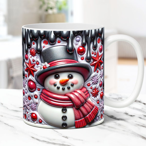 3D Snowman Mug Wrap Christmas Mug Wrap Inflated Sublimation Design 3D Floral Snowman Mug PNG Press Design 11oz and 15oz Coffee Cup Template