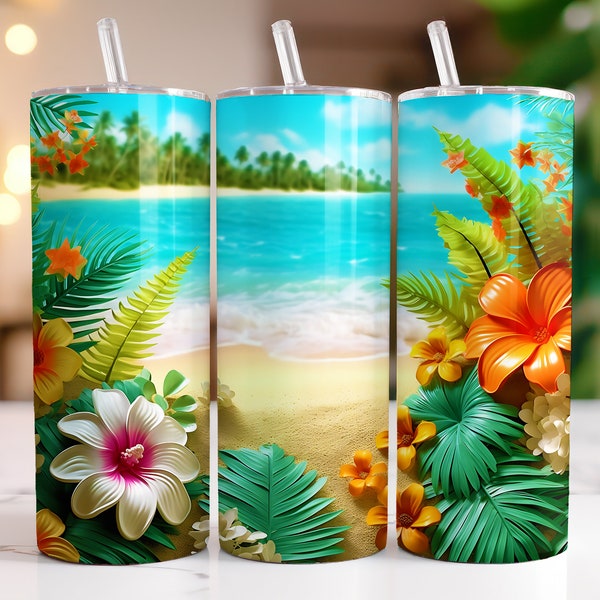 3D Hawaiian Beach Flower 20 oz Tumbler Wrap, Skinny Tumbler Sublimation Design, Straight & Tapered Tumbler PNG, Instant Digital Download