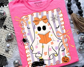 Halloween Ghost Coquette Png, Ghost Reading Books Shirt Design, Preppy Floral Ghost, Pumpkin Bow Png, Bookish Halloween Teacher Sublimation