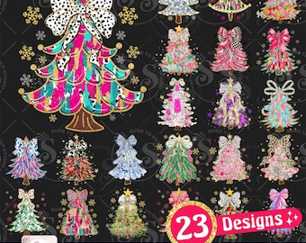 Glitter Christmas Tree Bundle Png, Colorful Coquette Girly Christmas Png, Tree Design Dtf, Dalmatian Dots Bow Print, Christmas Tree Coquette