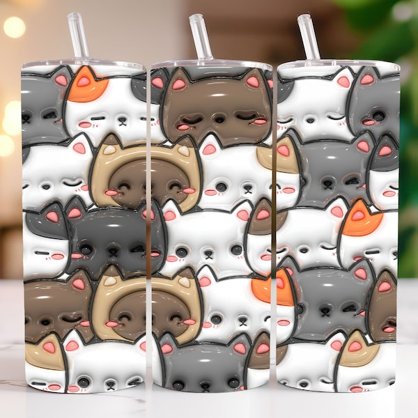 3D Cute Cats Tumbler Wrap, Puffy Cat Tumbler Wrap Sublimation Design PNG, 20 oz Skinny Straight & Tapered Cat Tumbler Wrap, Digital Download
