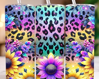 Envoltura para vaso de girasoles, vaso delgado de 20 oz, diseño de sublimación de leopardo con purpurina PNG, envoltura para vaso de girasoles sin costuras con purpurina, descarga digital