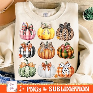 May include: A set of ten digital illustrations of pumpkins with various patterns and colours, including pink, yellow, orange, green, white, black, and brown. The pumpkins have bows and leaves. The illustrations are perfect for autumn-themed crafts, projects, and designs.