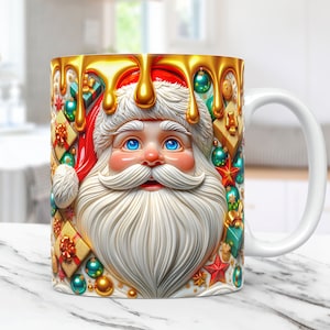 3D Santa Christmas Mug Wrap Santa Claus Mug Wrap Sublimation Design PNG Christmas Mug Press Design 3D Cute 11oz and 15oz Coffee Cup Template