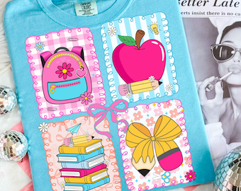 Preppy Back to School Floral Girly Png, Zaino scolastico, Libri e fiocco matita Png, Coquette Primo giorno Insegnante disegnata a mano, Disegni a sublimazione