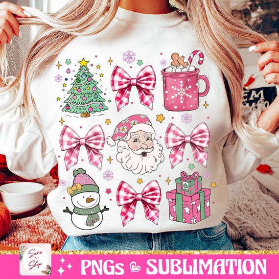 Coquette Christmas png, Girly Christmas Png, Christmas sublimation, Retro Holidays png, Hot Cocoa, Candy Cane, Santa Coquette Bow Checkered