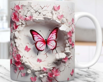 3D Crack In A Wall Butterfly Mug Wrap, 11oz & 15oz Mug Template, Flower Mug Sublimation Design Mug Template PNG, Digital Download