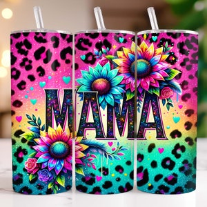 Sunflowers Mama Tumbler Wrap 20 oz Skinny Tumbler PNG Mama Sublimation Design Glitter Leopard Mom Life Seamless Mother's Day Tumbler Wrap