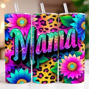 Mama Tumbler Wrap 20 oz Skinny Tumbler PNG Mama Sublimation Design Glitter Leopard Mom Life Seamless Sunflowers Mother&#39;s Day Tumbler Wrap