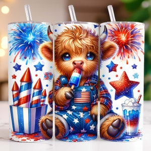 4th of July Highland Cow 20 oz Skinny Tumbler Sublimation Design, Baby Highland Cow Tumbler Wrap, 4th of July Tumbler Wrap, Digital Download