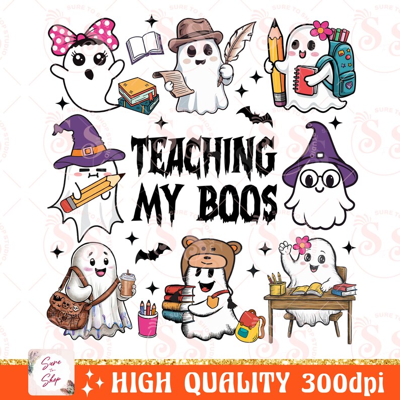 May include: A set of ten digital clipart images featuring cute ghosts dressed as teachers and students. The ghosts are wearing hats, glasses, and carrying books and pencils. The text "TEACHING MY BOOS" is in black letters.