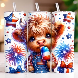 4th of July Highland Cow 20 oz Skinny Tumbler Sublimation Design, Baby Highland Cow Tumbler Wrap, 4th of July Tumbler Wrap