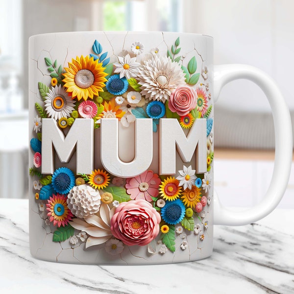 3D Cracked Wall Mum Mug Wrap, 11oz & 15oz Mug Template, Floral Mug Sublimation Design PNG, Instant Digital Download
