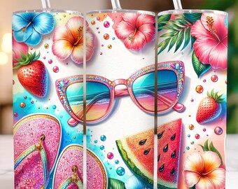 Summer Vibes Tumbler Wrap 20 oz Skinny Tumbler PNG Beach Sublimation Design Tropical Flowers Seamless Summer Tumbler Wrap, Digital Download