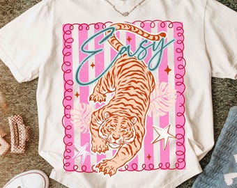Preppy Easy Tiger Png, Tiger Png, Funny Sarcastic PNG, Summer Png, Colorful Shirt Design, Girly Png, Trending Stripes Png, Boutique Png