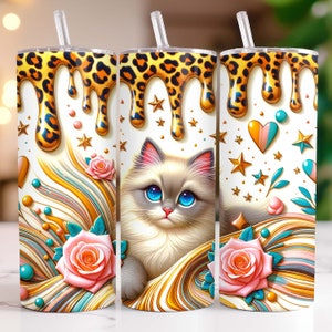Cute Cat Tumbler Wrap Cat Lovers Skinny 20 oz Tumbler Sublimation Design PNG Kitten Tumbler Wrap 3D Floral Cat Tumbler PNG, Digital Download
