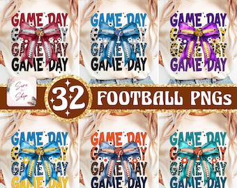 May include: A set of 32 digital football-themed sublimation designs featuring a bow with footballs and the text "Game Day". The designs are in various colors, including blue, red, purple, orange, and teal.