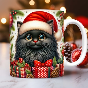 Cute Christmas Cat Mug Wrap Kitten Christmas Mug Wrap Sublimation Design PNG Xmas Cat Mug Press Design 11oz and 15oz Coffee Cup Template