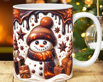 3D Weihnachtsbecher Wrap Schneemann Becher Wrap Puffy Sublimationsentwurf 3D Aufgeblasener Schneemannbecher PNG Press Design 15 Unzen und 11 Unzen Kaffeetassenvorlage