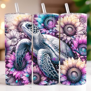 Floral Turtle Tumbler Wrap 20 oz Skinny Tumbler PNG Turtle Sublimation Design, Sea Baby Turtle Tumbler Wrap, Digital Download