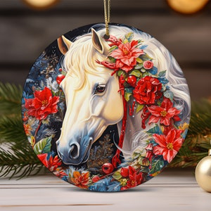 White Horse Christmas Ornament Sublimation Design, Floral Christmas Round Ornament PNG, Digital Download