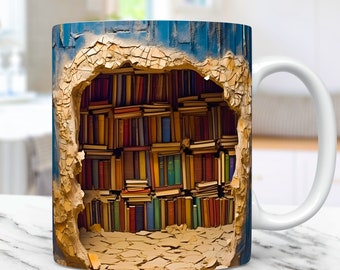 3D Bookshelf Mug Wrap, 3D Book Mug Wrap Sublimation Design PNG, 3D 11oz and 15oz Book Lover Wrap, Digital Download
