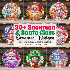 3D Snowman Christmas Ornament Bundle PNG Sublimation Designs, 3D Santa Claus Christmas Round Ornament PNG, Instant Digital Download