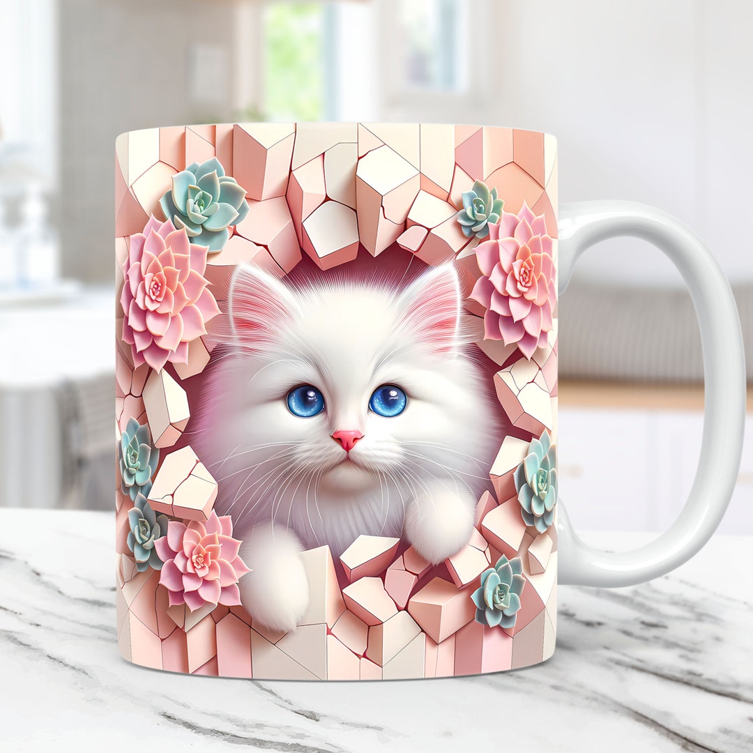 3D Kitten Hole in a Wall Mug Wrap, Cat Mug