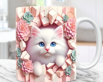 3D Kitten Hole In a Wall Mug Wrap, Cat Mug Wrap Sublimation Design PNG, Cat 11oz and 15oz Coffee Cup Template, 3D Cute Cat Mug Press Design