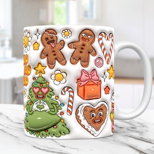 3D-Weihnachtsbecherverpackung Aufgeblasener Weihnachtsbecherverpackungs-Sublimationsdesign PNG Weihnachts-Puffy-Becher-Presseentwurf 11 Unze und 15 Unze Kaffeetassen-Vorlage