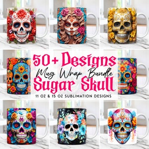 Sugar Skull Mug Wrap Bundle Skull and Roses Sublimation Designs 3D Mug Wrap PNG, 11oz and 15oz Mug Template, Digital Download