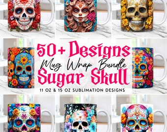 Sugar Skull Mug Wrap Bundle Skull and Roses Sublimation Designs 3D Mug Wrap PNG, 11oz and 15oz Mug Template, Digital Download