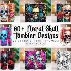 Floral Skull Tumbler Wrap Bundle 20 oz Tumbler Sublimation Designs Watercolor & 3D Tumbler wrap Skull and Roses Straight Tumbler PNG