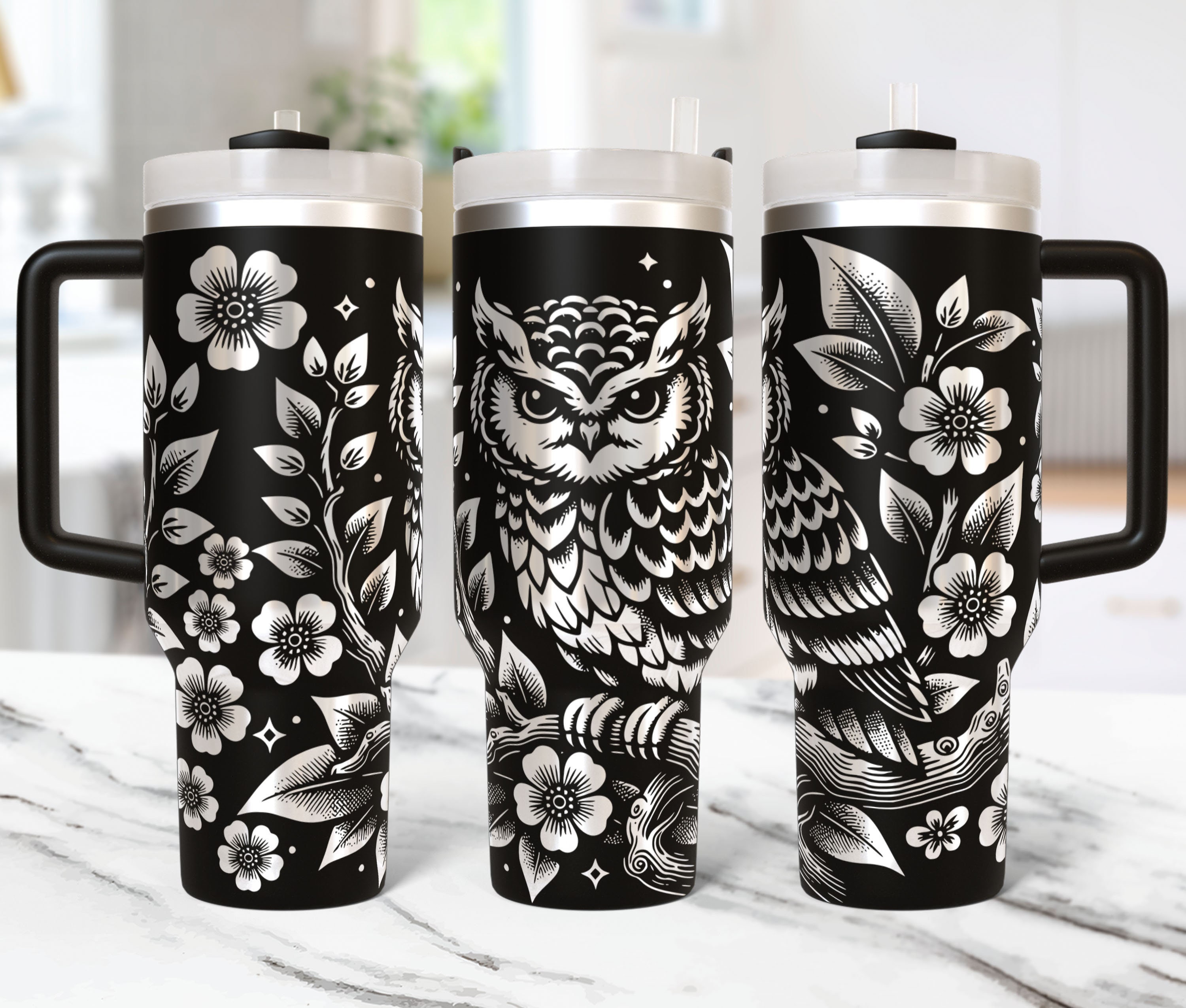 Owl Tumbler Wrap Laser Svg, 40oz Laser Engraved Tumbler Wrap, Flowers Laser Engraving Svg, Floral Ow