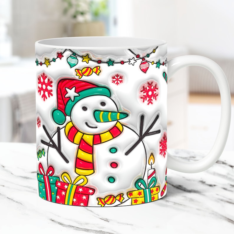 3D Christmas Mug Wrap Bundle Inflated Christmas Mug Wrap Sublimation Design PNG Puffy Christmas Mug Design 11oz and 15oz Coffee Cup Template image 9