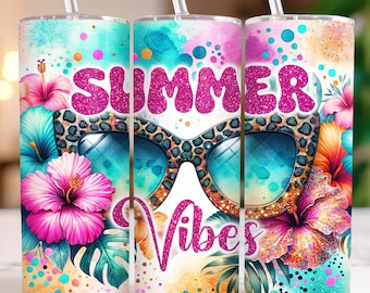 Summer Vibes 20oz Tumbler Wrap Skinny Sublimation Tumbler Design Templates, Tropical Flowers Seamless Summer, Digital Download