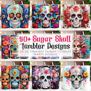 Paquete de envolturas para vasos con forma de calavera de azúcar, diseños de sublimación para vasos delgados de 20 oz, envoltura para vasos 3D, calavera y rosas, vaso del Día de los Muertos PNG