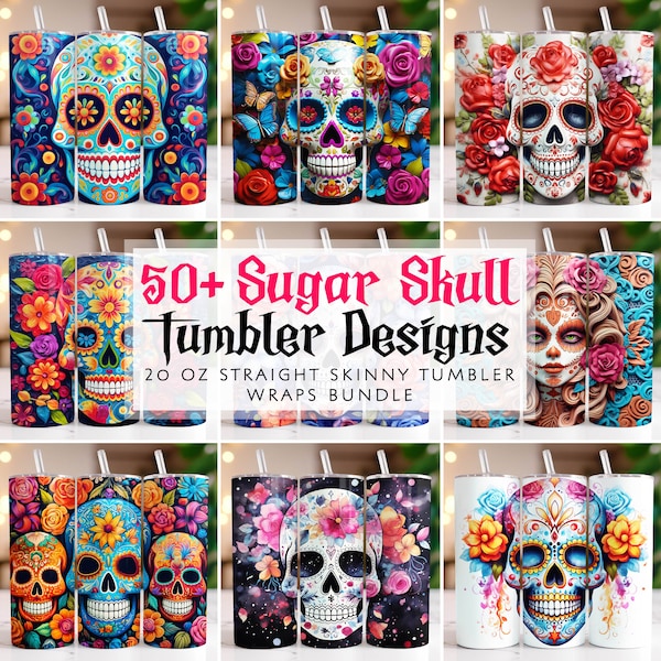 Sugar Skull Tumbler Wrap Bundle 20 oz Skinny Tumbler Sublimation Designs 3D Tumbler wrap Skull and Roses, Day of The Dead Tumbler PNG