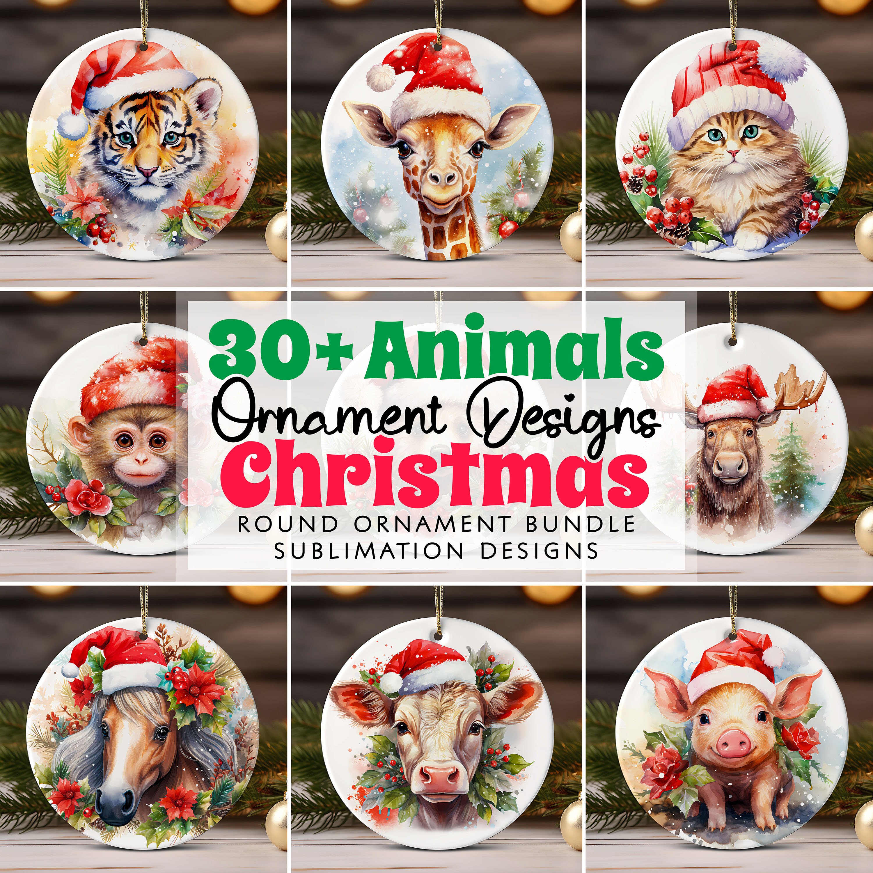 クリスマス動物オーナメントセット昇華デザイン、サンタ帽子をかぶった