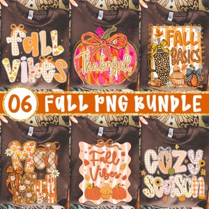 Pode incluir: Uma coleção de seis camisolas castanhas com designs temáticos de outono. Cada camisa apresenta um gráfico único, incluindo abóboras, textos como "Fall Vibes" e "Thankful", e padrões inspirados no outono. O texto "06 Fall PNG Bundle" também é exibido.