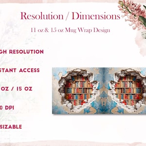 K&ouml;nnte beinhalten: Ein digitales Design f&uuml;r eine Becherverkleidung mit einem B&uuml;cherregal mit B&uuml;chern in verschiedenen Farben, die aus einer rissigen Wand zu brechen scheinen. Das Design ist hochaufl&ouml;send, 300 DPI, und f&uuml;r 11 oz und 15 oz Becher anpassbar.