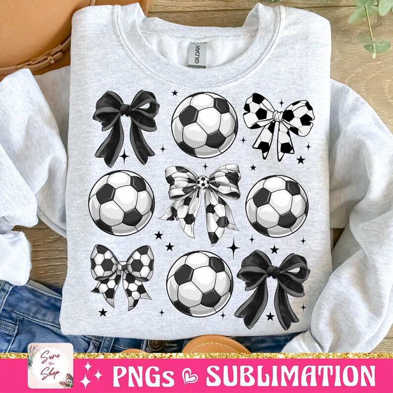 May include: A sublimation design featuring a grey sweatshirt with black and white footballs and bows. The design is perfect for creating custom apparel.