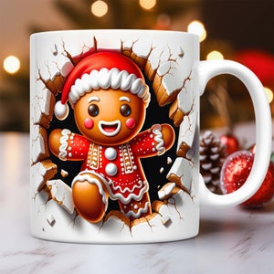 3D Christmas Gingerbread Hole In A Wall Mug Wrap Sublimation Design PNG, 3D Gingerbread Mug Design, 11oz and 15oz Coffee Cup Template