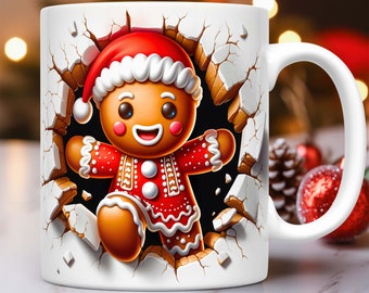 Diseño de sublimación para taza con diseño de pan de jengibre navideño 3D (formato PNG), diseño de taza de pan de jengibre 3D, plantilla para taza de café de 11 y 15 oz