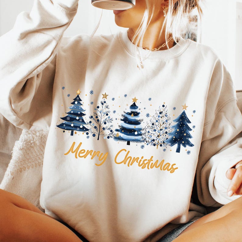 Merry Christmas png, Christmas Trees png, Christmas Sublimation Design, Blue Gold Christmas Shirt Xmas Holiday png, Classic Christmas Png image 6