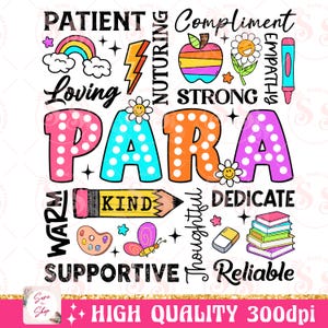 May include: Colorful graphic with the word "PARA" in large, polka-dotted letters surrounded by words describing positive qualities, such as "patient", "loving", "strong", "kind", "supportive", "thoughtful", "dedicated", and "reliable".