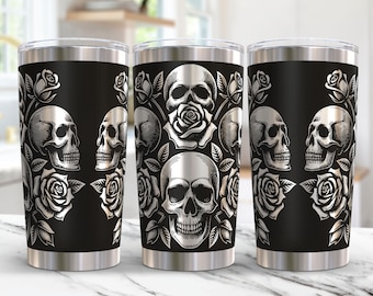 Schädel-Becher-Wrap 20 Unzen Laser-Svg, gravierte Becher Laser-Datei, Schädel mit Blume 20-Unzen-Becher-Wrap-Svg-Design, Laser-Gravur-Svg