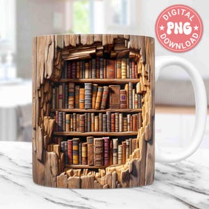 3D Book Mug Wrap, 3D Bookshelf Mug Wrap Sublimation Design PNG, 3D Book Lover Mug Wrap, 11oz 15oz Coffee Cup Template 3D Mug Press Design