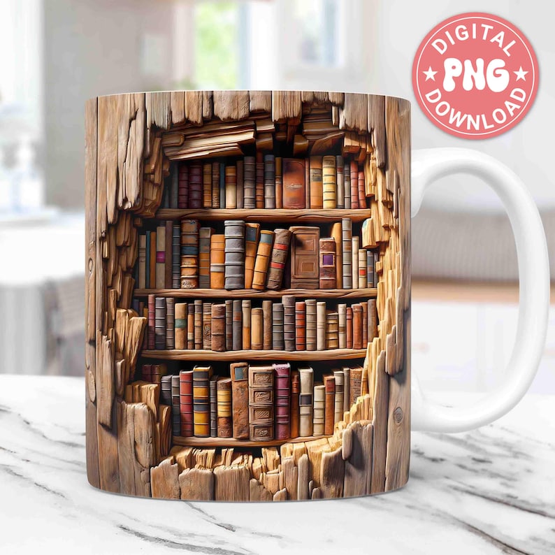 3D Book Mug Wrap, 3D Bookshelf Mug Wrap Sublimation Design PNG, 3D Book Lover Mug Wrap, 11oz 15oz Coffee Cup Template 3D Mug Press Design image 1